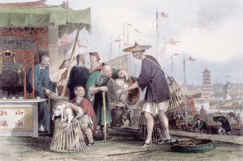 Illustration of cat merchants and tea dealers by Thomas Allom